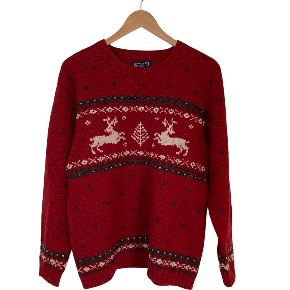 Lands‎ End Womens Pullover Lambswool Holiday Sweater Size XL Red Cream Deer
